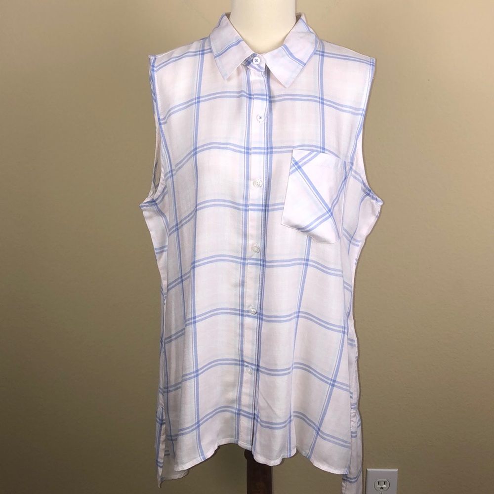 NWT Max Jeans Pale Pink and Blue Sleeveless Ruffle Top w/High Low Hem - Size XL